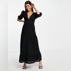 ASOS DESIGN Premium Plunge Eyelet Tiered Midi Dress